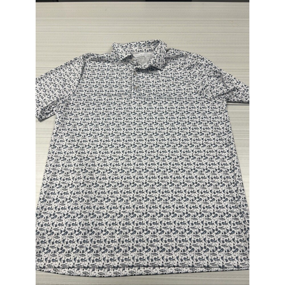 Huk Mens XL Fish Print Performance Polo Shirt Short Sleeve EUC